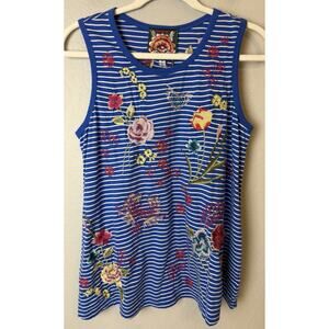 NWT Johnny Was Women's SMALL Jessi Blue Striped Floral Embroidered Knit Tank Top